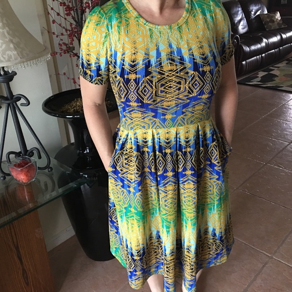 LuLaRoe Dresses & Skirts - Aztec Tribal Dress LuLaRoe Amelia Pockets Blue S